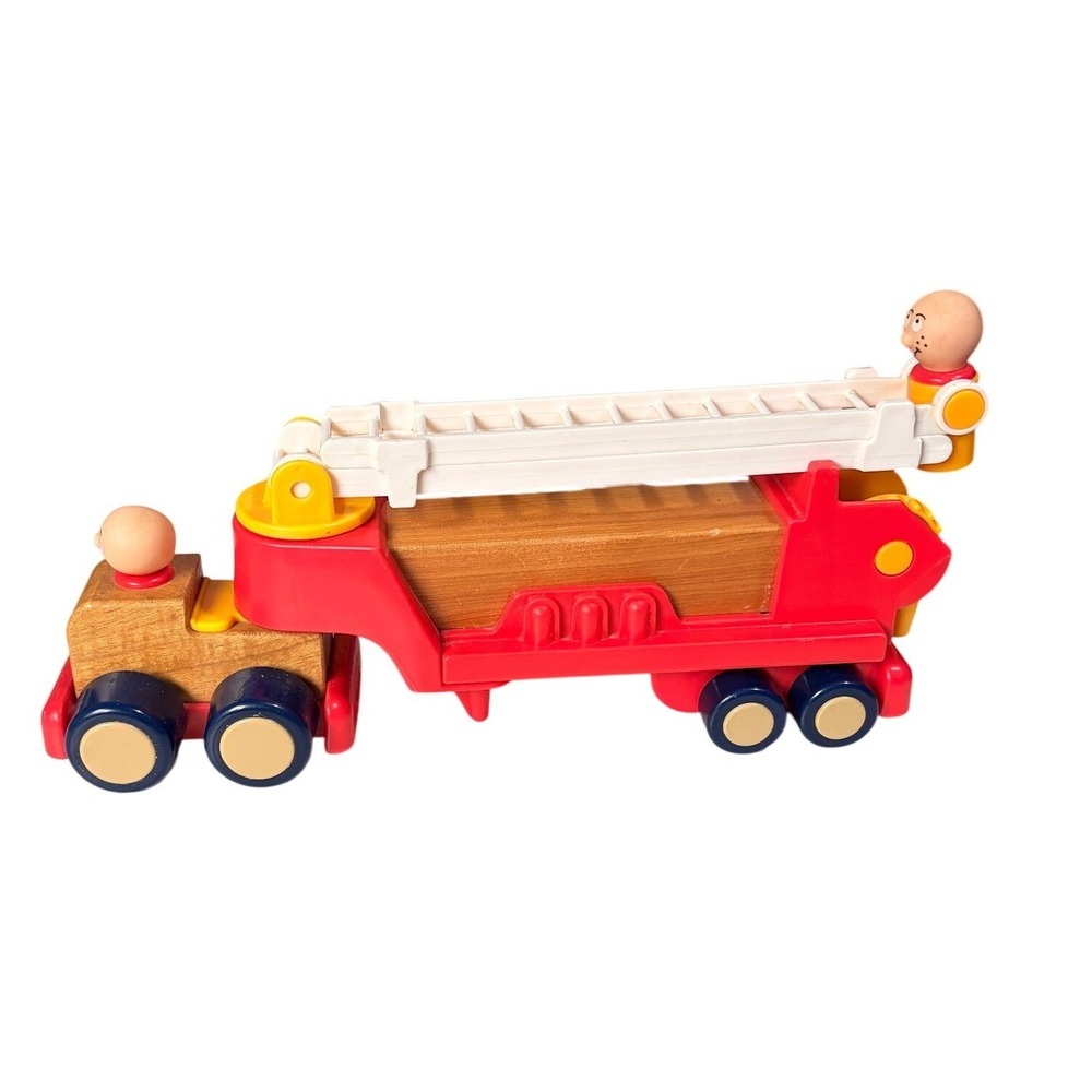 Vintage Playskool Wood Plastic Fire Truck Toy with Extendable Ladder 2 Figures
